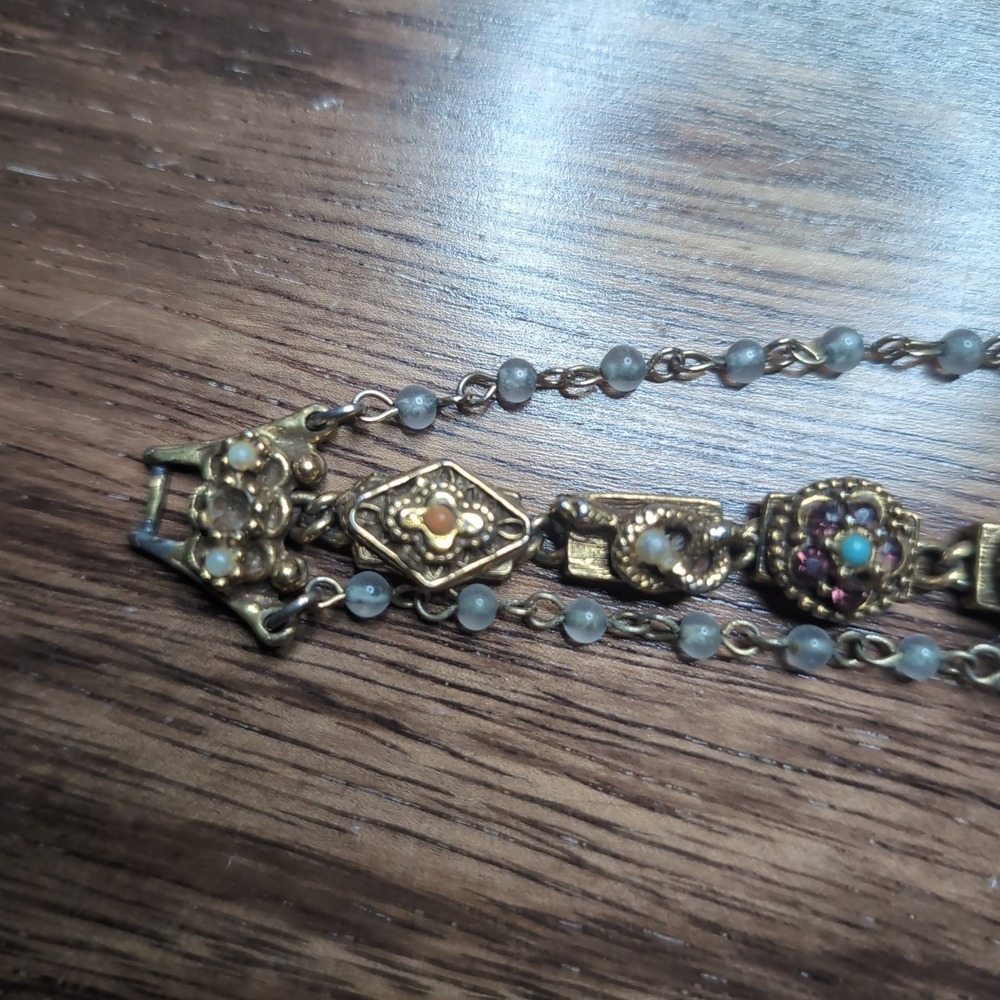 Vintage Style Gold Tone Multi Strand Slide Bracelet Victorian Charms Floral Bee